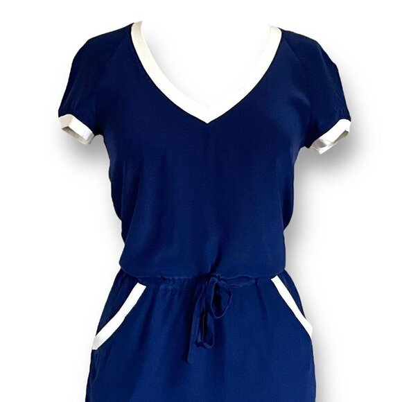 Amanda Uprichard Womens Dress Sz P Petite Navy Blue Silk Drawstring Blouson - Picture 2 of 6